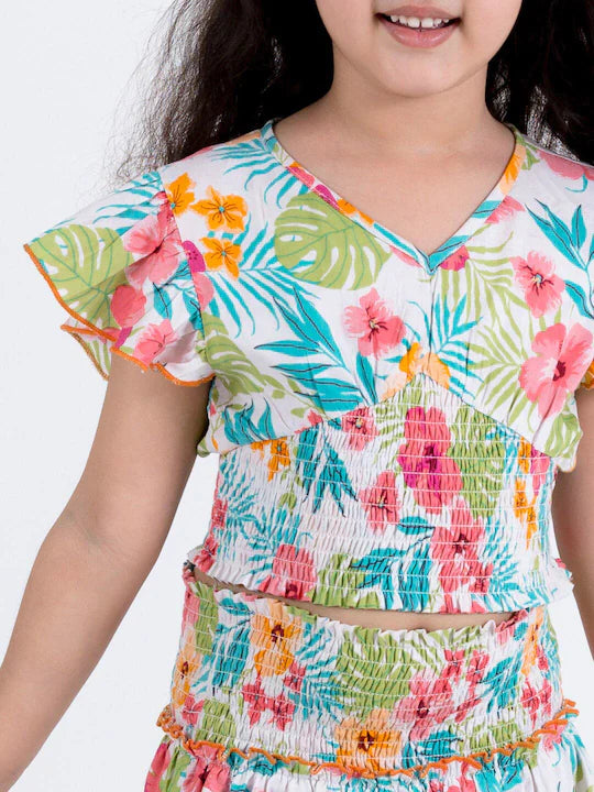 Pspeaches Girls White Blue Printed Top With Skirt (SK-FLORAL SPRING)