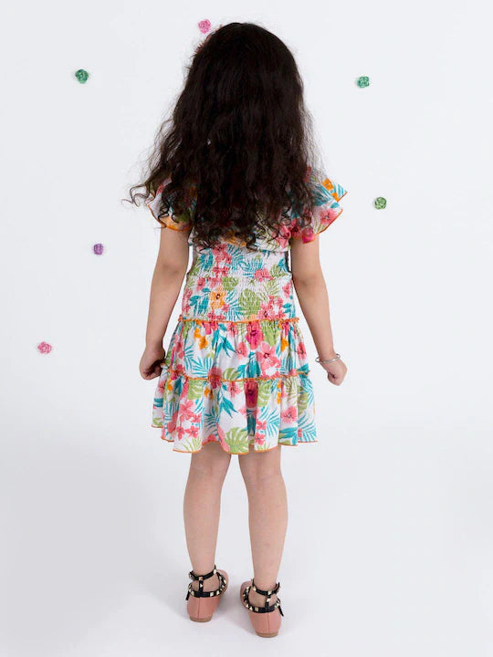 Pspeaches Girls White Blue Printed Top With Skirt (SK-FLORAL SPRING)