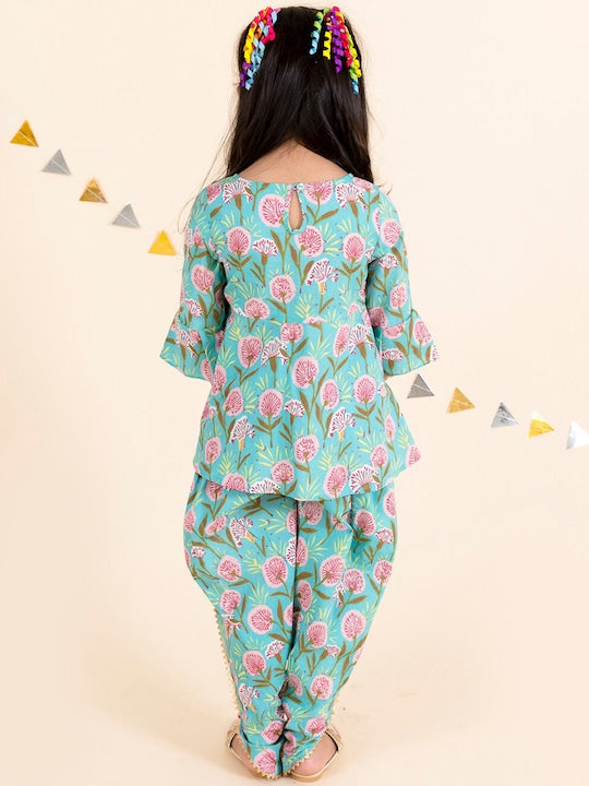 Girls Blue Floral Embroidered Angrakha Gotta Patti Pure Cotton Top with Dhoti Pants (Dh-bluebooti)