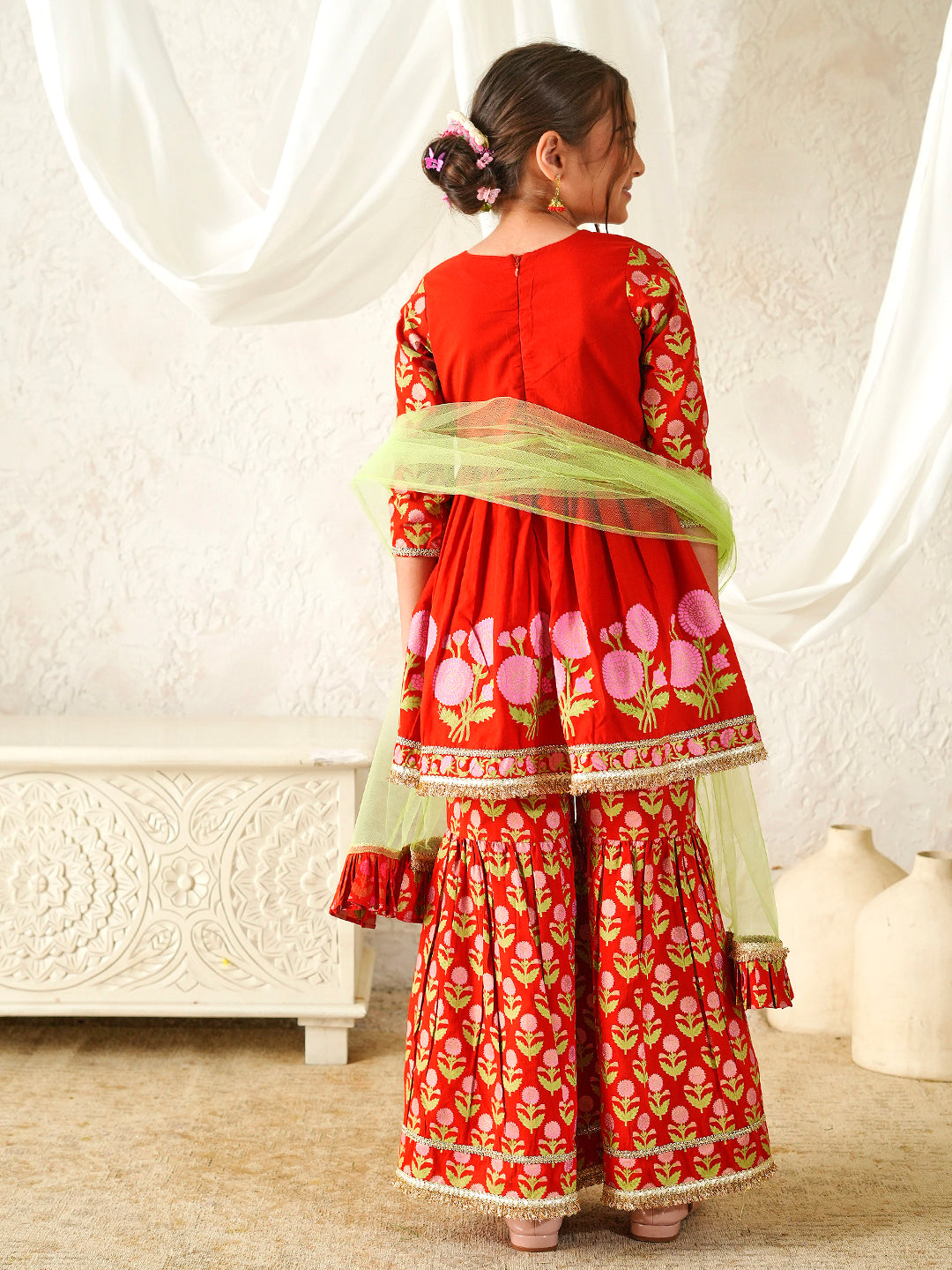 Pspeaches Girls Red Ethnic Booti Print Cotton A-Line Kurta & Sharara With Dupatta ( Sku-Sha-Redbooti )