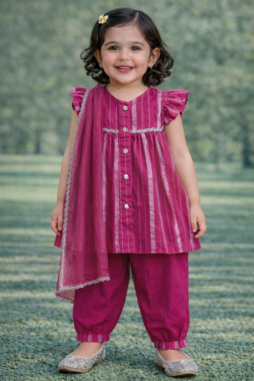Pspeaches Girls Magenta Ethnic Lurex Pattern Cotton Lurex A-Line Kurta & Pant With Dupatta ( Sku-Ing-Majentalurex )