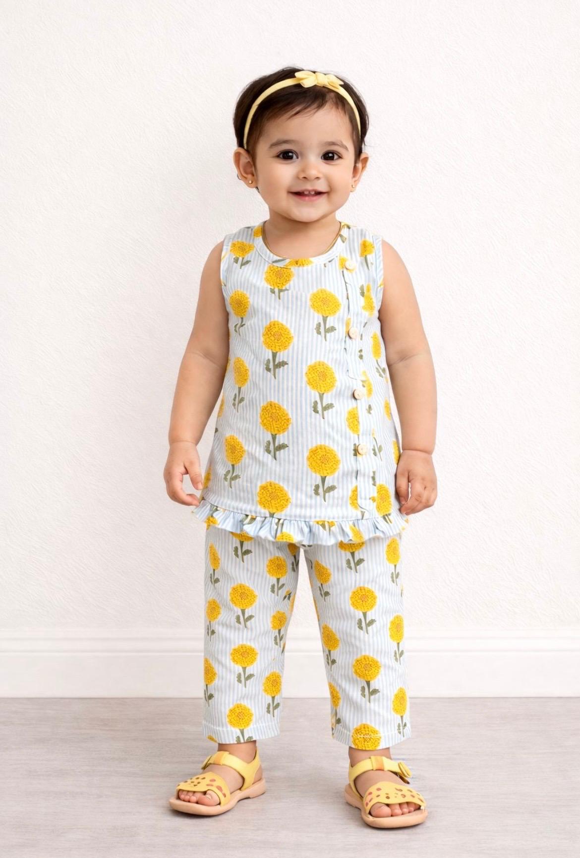 Pspeaches Baby Girls Blue & White Ethnic Floral Print Cotton Straight Fit Kurta With Pant Set ( Sku-Ing-Bluestripes )