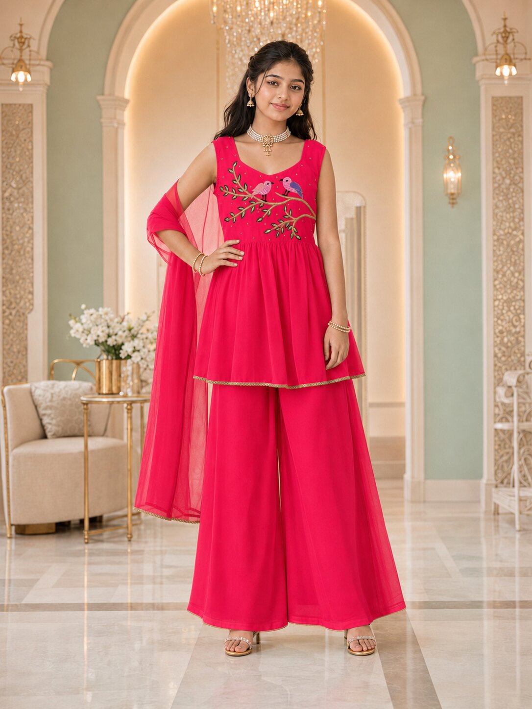 Pspeaches Girls Georgette Sleeveless Square Neck Embroidered Coral Red Kurti & Palazzo With Dupatta 3 Piece Set