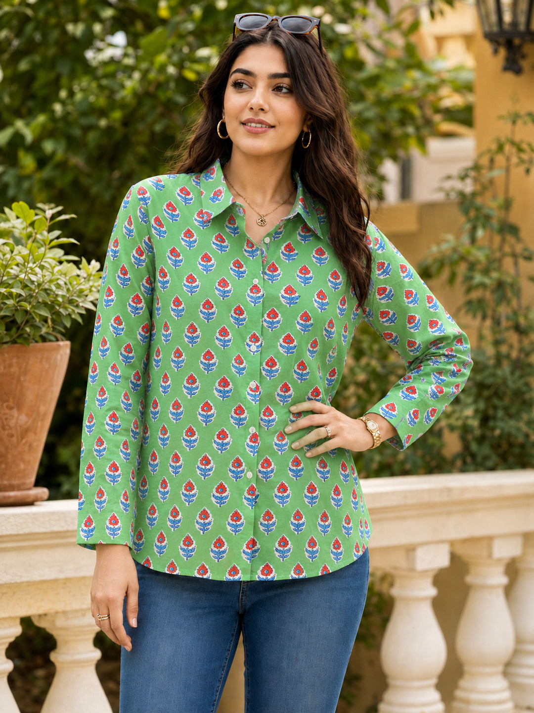 Pspeaches Women Cotton Full Sleeves Collared Neck Floral Print 1 Piece Shirt - Green
