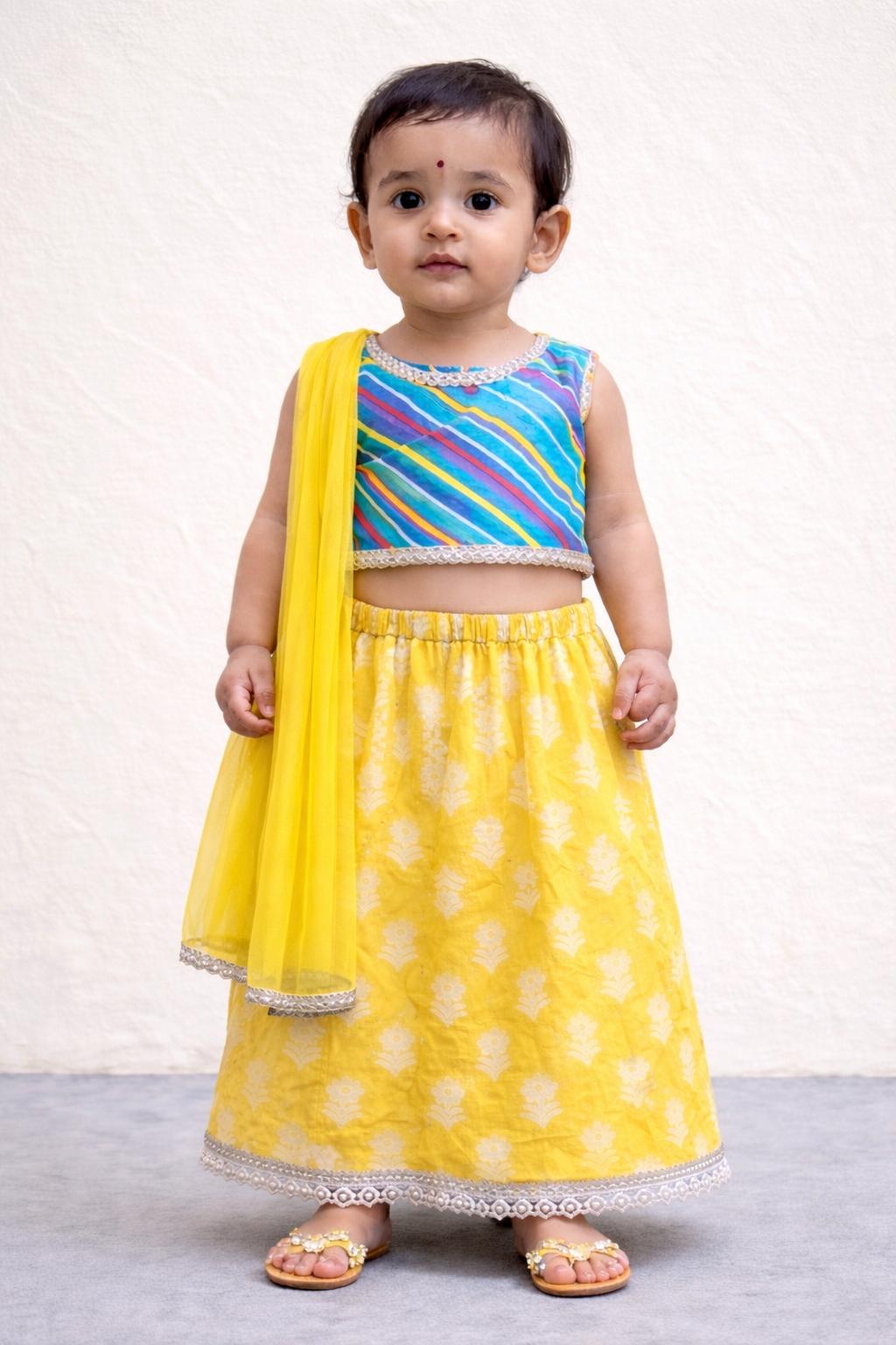 Pspeaches Baby Girls Yellow & Blue Ethnic Leheriya Print Cotton Circular Lehenga & Choli With Dupatta ( Sku-Ing-Lyellowfoil )