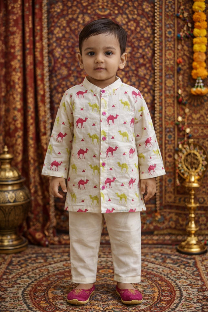 Pspeaches Baby Boys Beige Ethnic Animal Print Cotton Straight Fit Kurta With Pyjama Set ( Sku-Inb-Camel )
