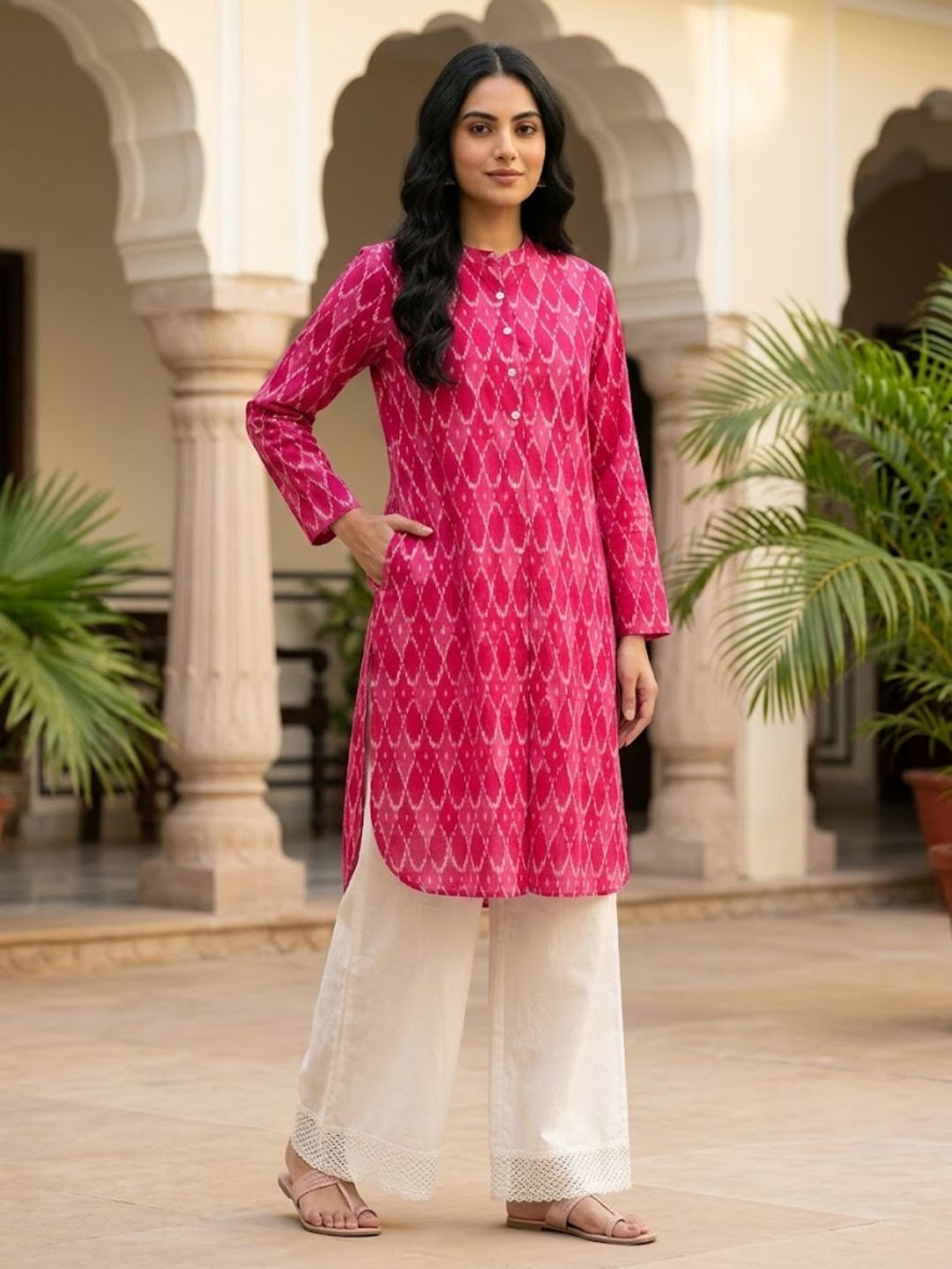 Pspeaches Women Cotton Full Sleeves Mandarin Collar Ikkat Print Kurta With Pant 2 Piece Set - Magenta &amp; White