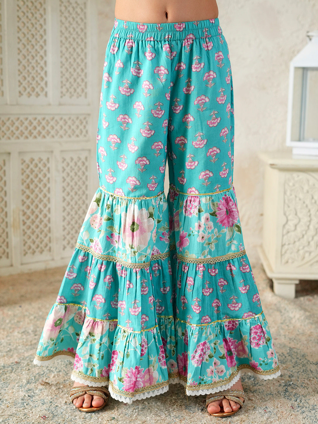 Pspeaches Girls Sky-Blue Ethnic Floral Print Cotton A-Line Kurta & Sharara With Dupatta ( Sku-Sha-Bluecambric )
