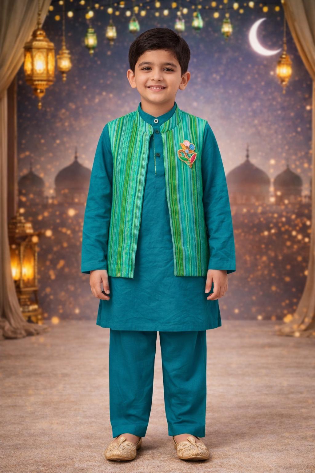 Pspeaches Boys Teal Green Ethnic Solid Cotton Slub Straight Fit Kurta With Pyjama & Jacket ( Sku-Kp-Bluemsulin )