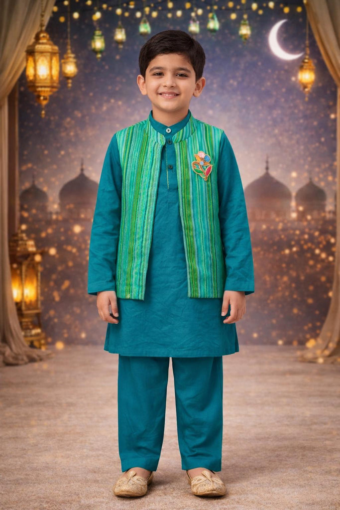 Pspeaches Boys Teal Green Ethnic Solid Cotton Slub Straight Fit Kurta With Pyjama & Jacket ( Sku-Kp-Bluemsulin )