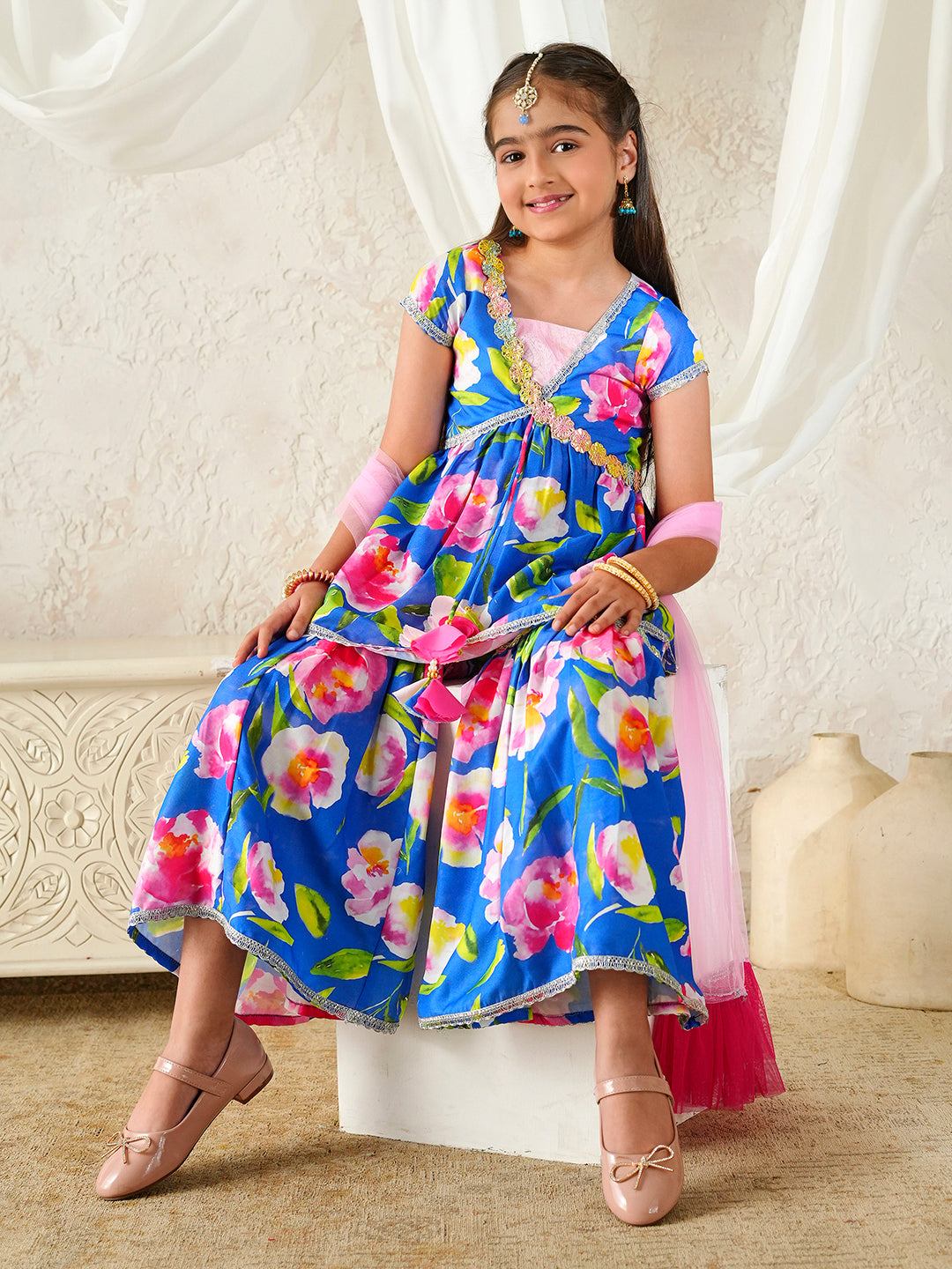 Pspeaches Girls Multi Ethnic Floral Print Rayon A-Line Kurta & Sharara With Dupatta ( Sku-Sha-Pinkwtrose )