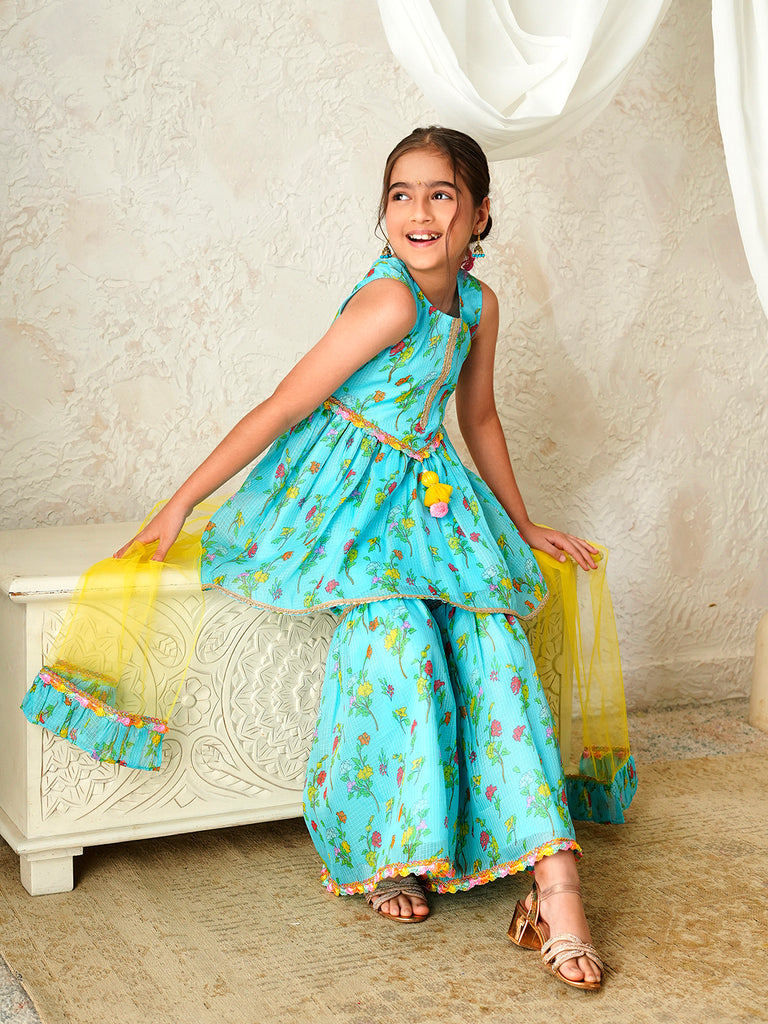 Pspeaches Girls Turquoise & Yellow Ethnic Floral Print Kota-Doria A-Line Kurta & Sharara With Dupatta ( Sku-Sha-Turqkota )