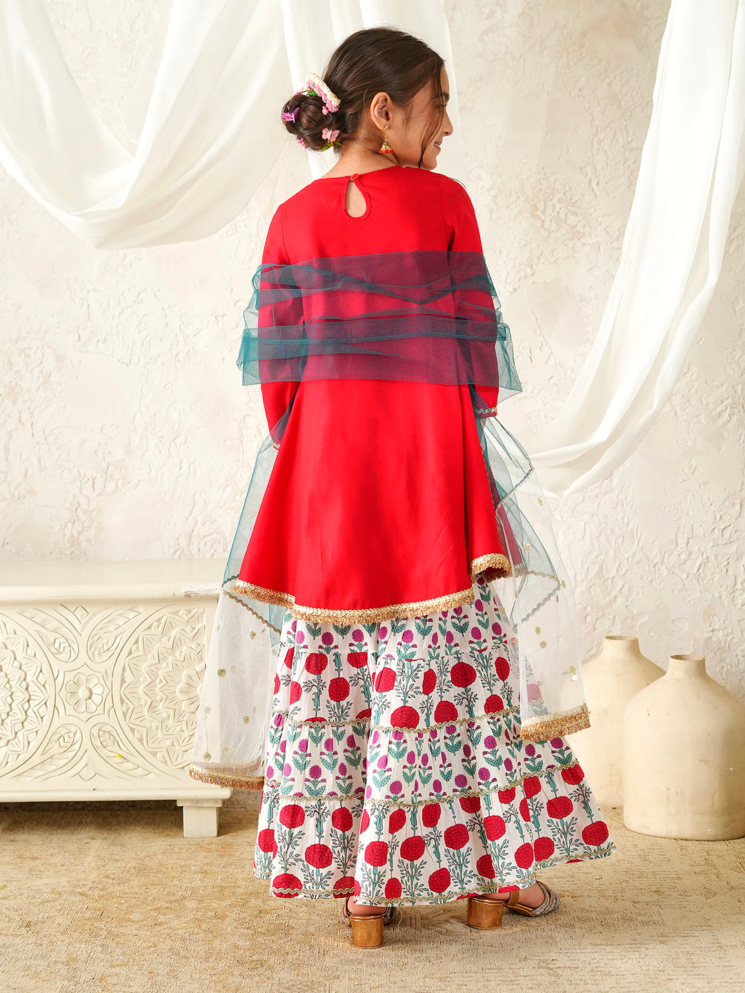 Pspeaches Girls Red Ethnic Floral Print Rayon A-Line Kurta & Sharara With Dupatta ( Sku-Sha-Redrayon )