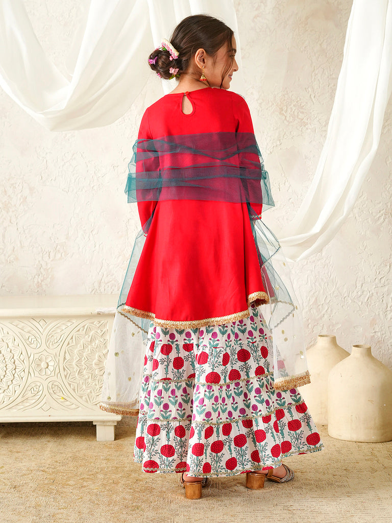 Pspeaches Girls Red Ethnic Floral Print Rayon A-Line Kurta & Sharara With Dupatta ( Sku-Sha-Redrayon )