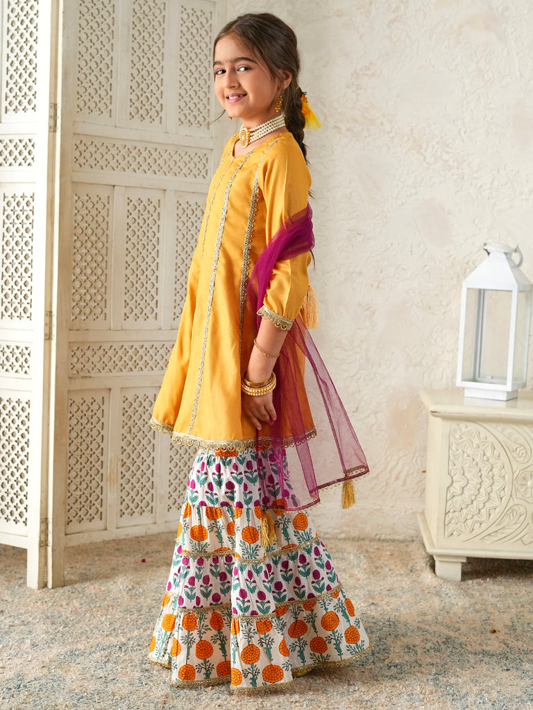 Pspeaches Girls Mustard Ethnic Floral Print Rayon A- Line Kurta & Sharara With Dupatta ( Sku-Sha-Mustardrayon )
