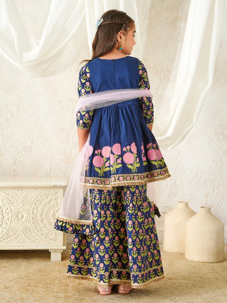Pspeaches Girls Blue Ethnic Floral Print Cotton A-Line Kurta & Sharara With Dupatta ( Sku-Sha-Navyblcambric )