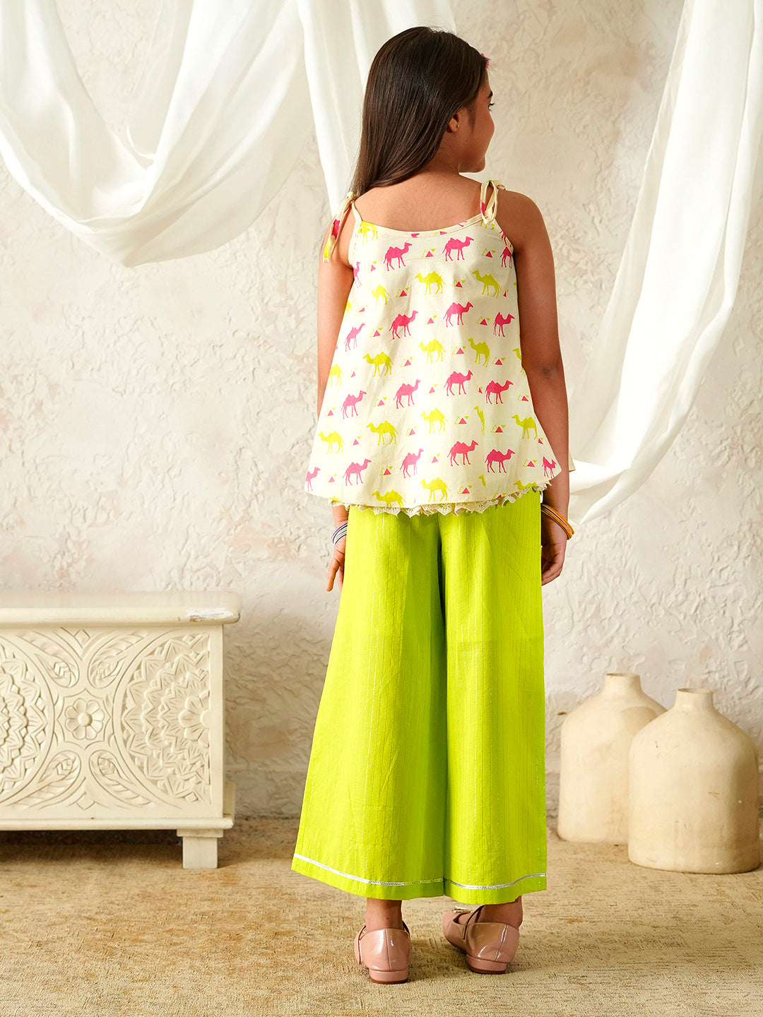 Pspeaches Girls Beige & Green Ethnic Camel Print Cotton A-Line Kurta With Palazzo Set ( Sku-Iw-Camelprint )