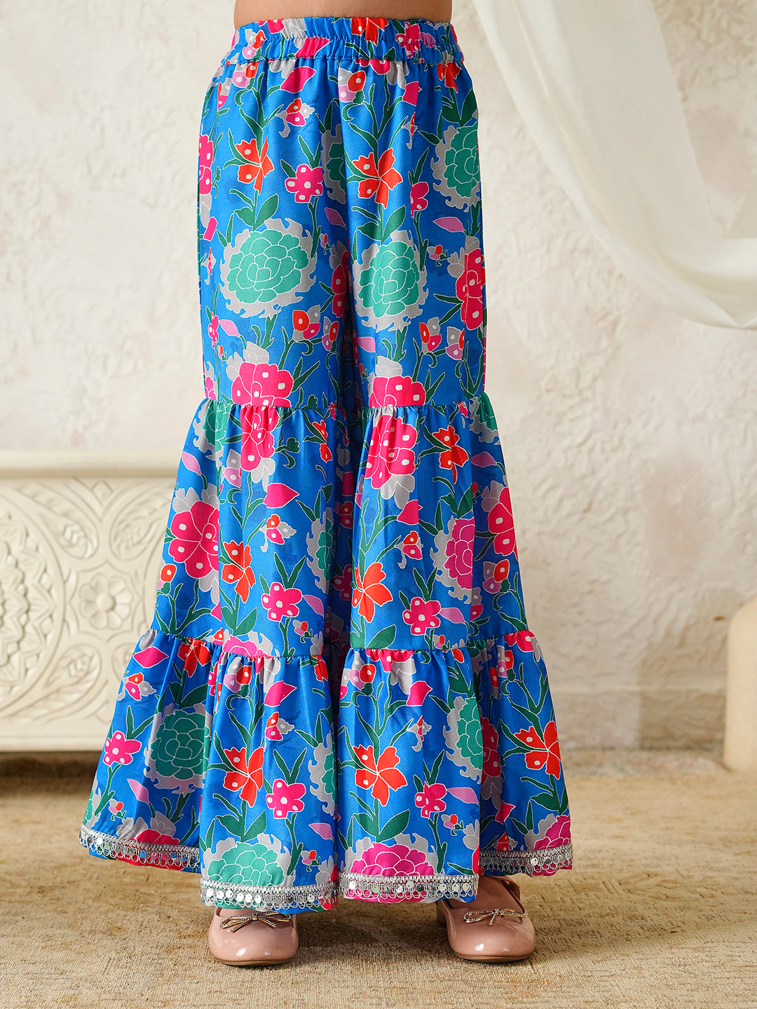 Pspeaches Girls Blue Ethnic Floral Print Rayon A-Line Kurta With Sharara Set ( Sku-Sha-Bluevoile )