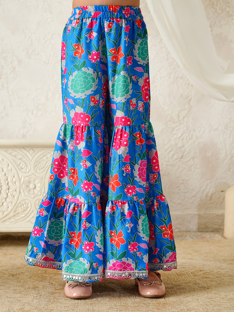 Pspeaches Girls Blue Ethnic Floral Print Rayon A-Line Kurta With Sharara Set ( Sku-Sha-Bluevoile )