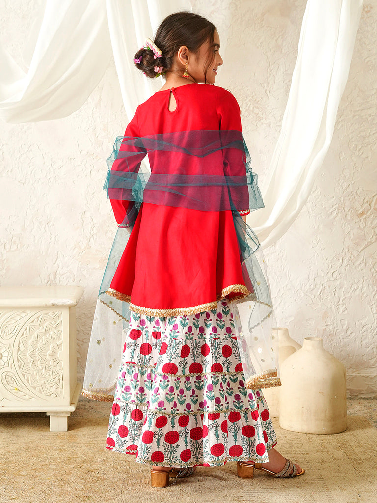Pspeaches Girls Red Ethnic Floral Print Rayon A-Line Kurta & Sharara With Dupatta ( Sku-Sha-Redrayon )