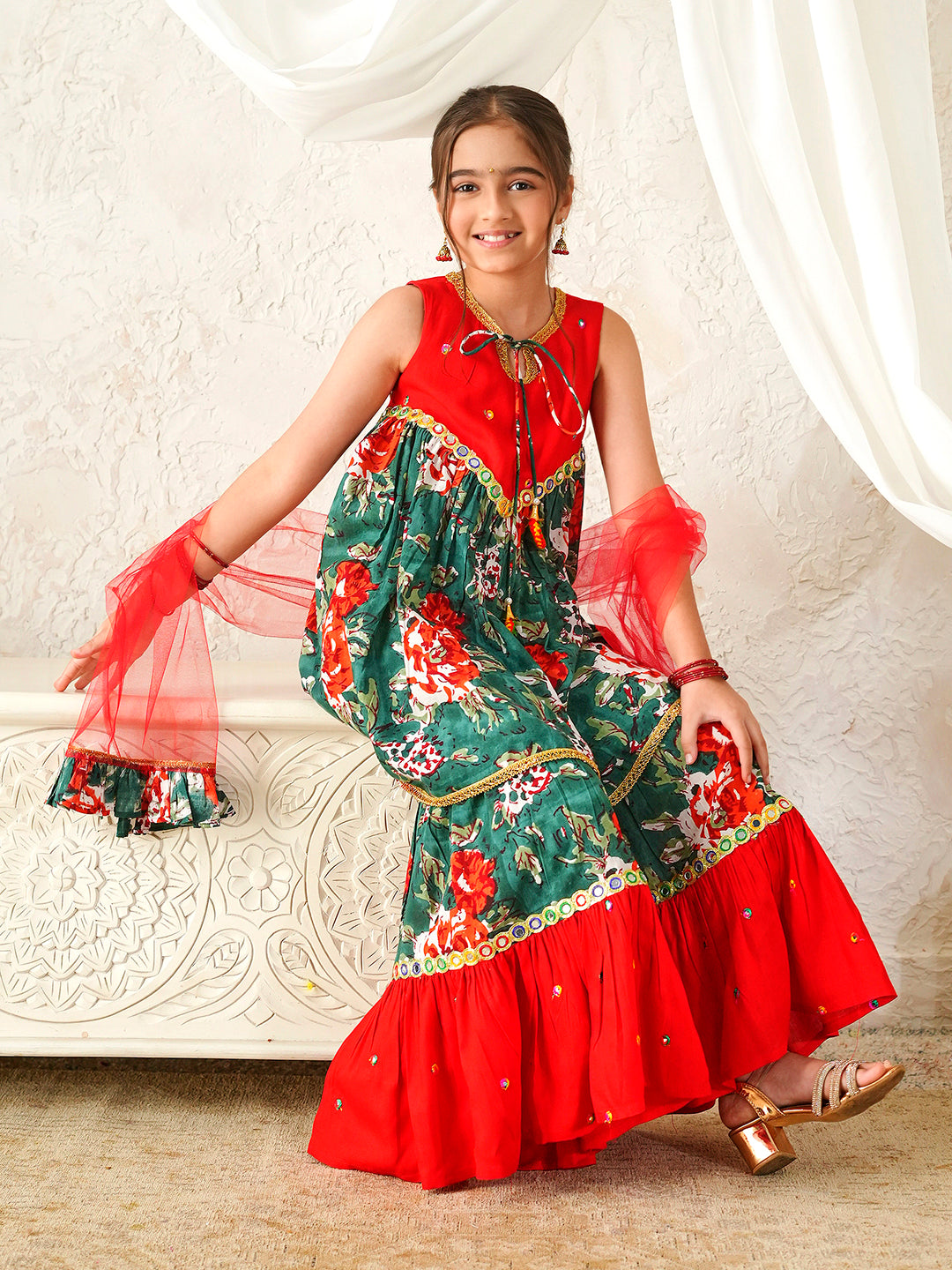 Pspeaches Girls Red & Green Ethnic Floral Print Cotton A-Line Kurta & Sharara With Dupatta ( Sku-Sha-Redgreenmirror )