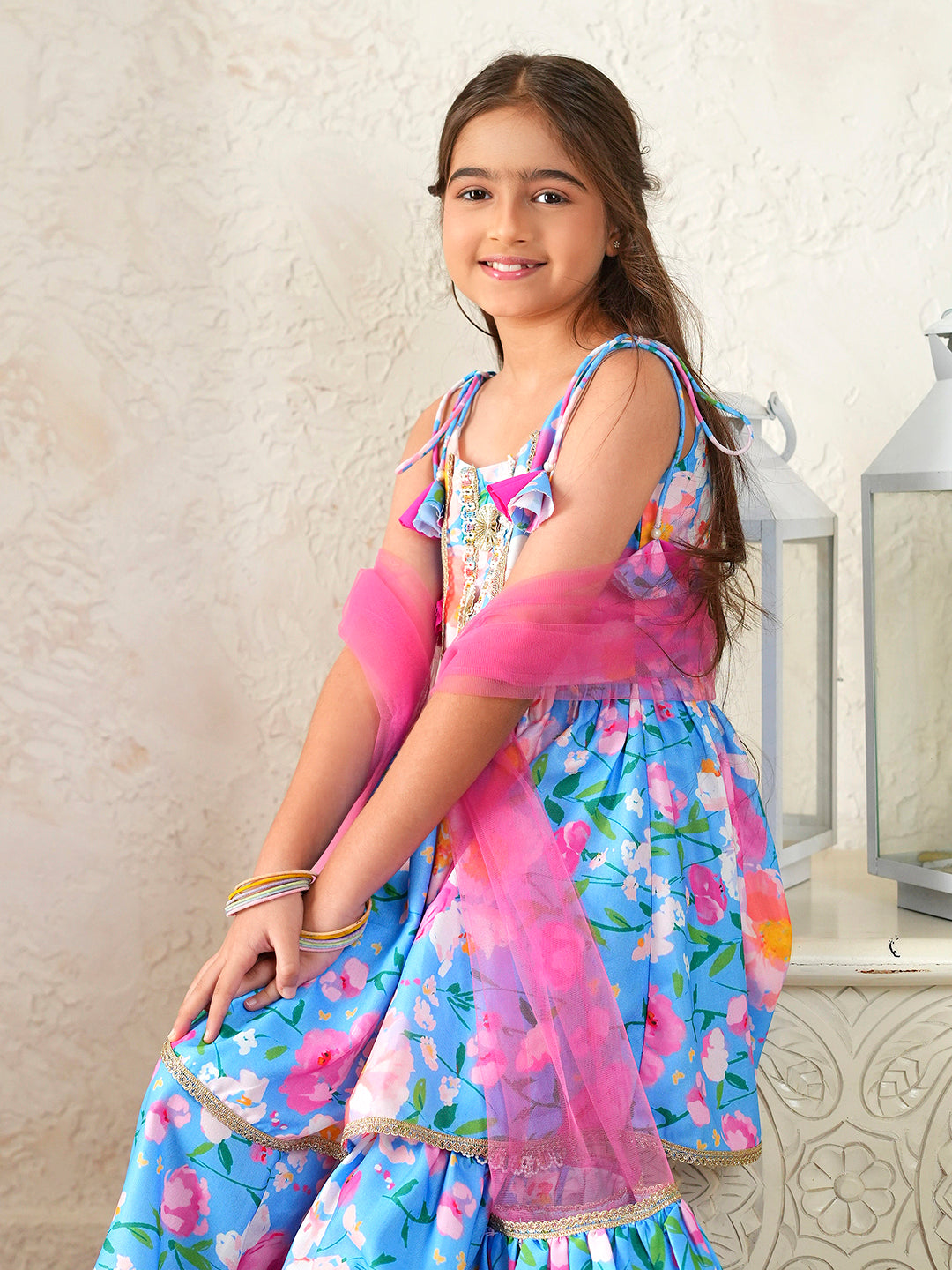 Pspeaches Girls Sky-Blue Ethnic Floral Print Rayon A-Line Kurta & Sharara With Dupatta ( Sku-Sha-Skybluemuslin )