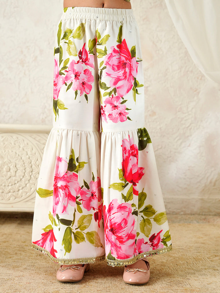 Pspeaches Girls White Ethnic Floral Print Muslin A-Line Kurta & Sharara With Dupatta ( Sku-Sha-Whiteviscos )