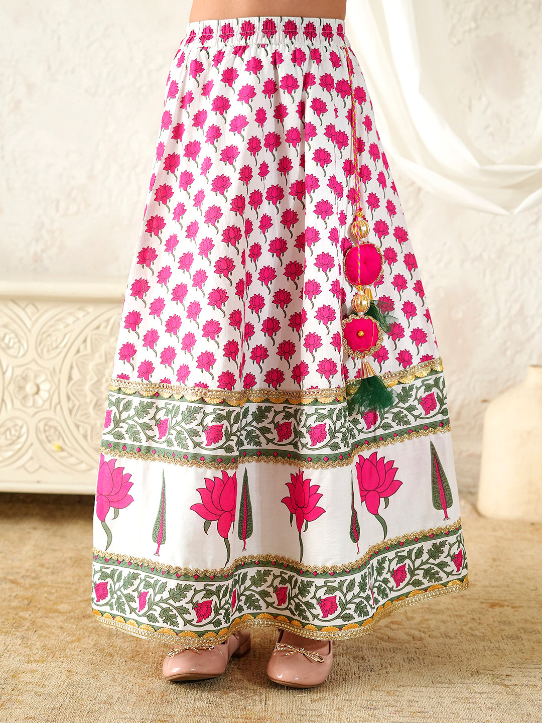 Pspeaches Girls Magenta & White Ethnic Booti Print Rayon Circular Lehenga & Choli With Dupatta ( Sku-L-Mglotuspatch )