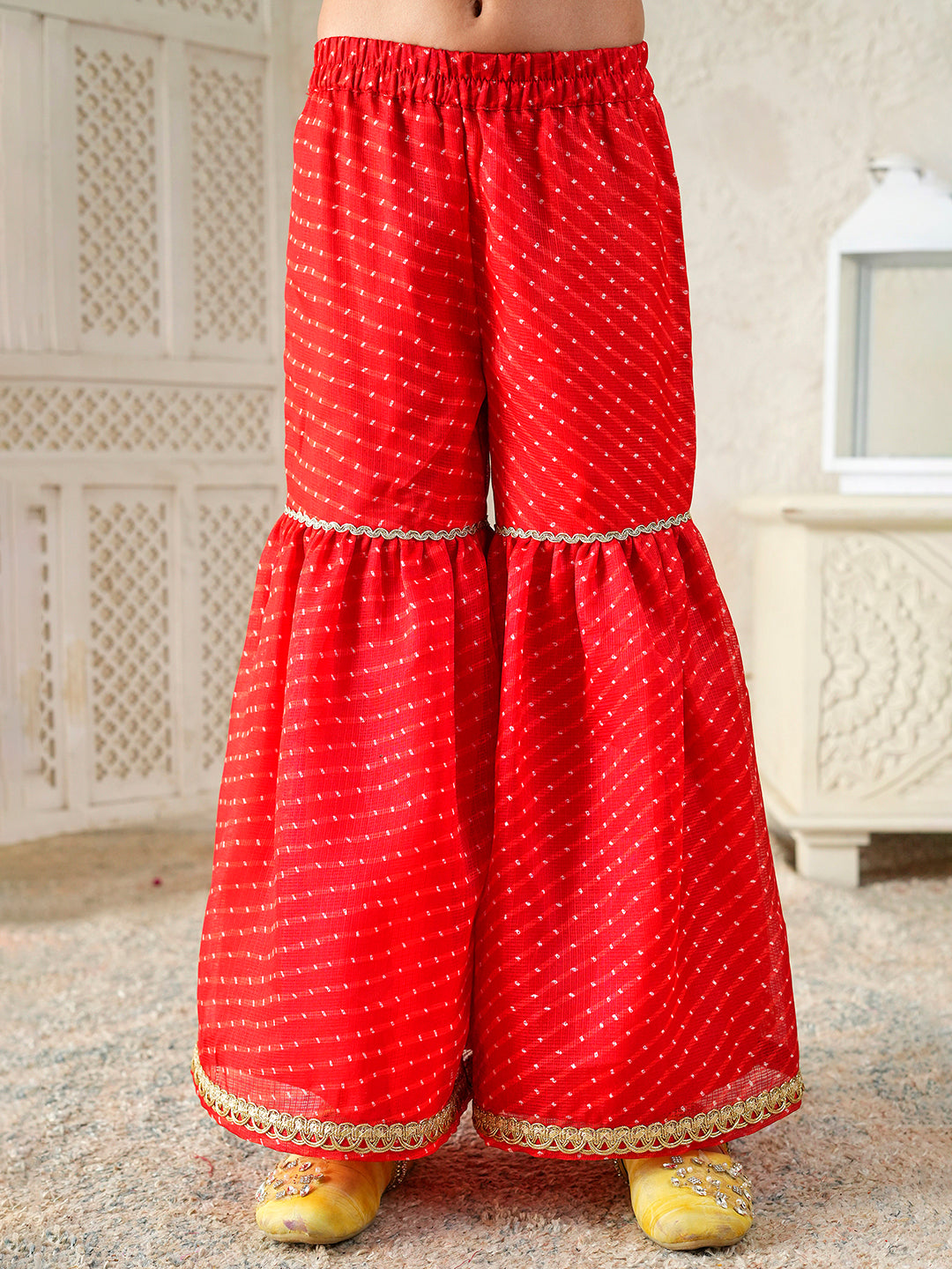 Pspeaches Girls Red Ethnic Leheriya Print Kota-Doria A-Line Kurta & Sharara With Dupatta ( Sku-Sha-Redleheriya )