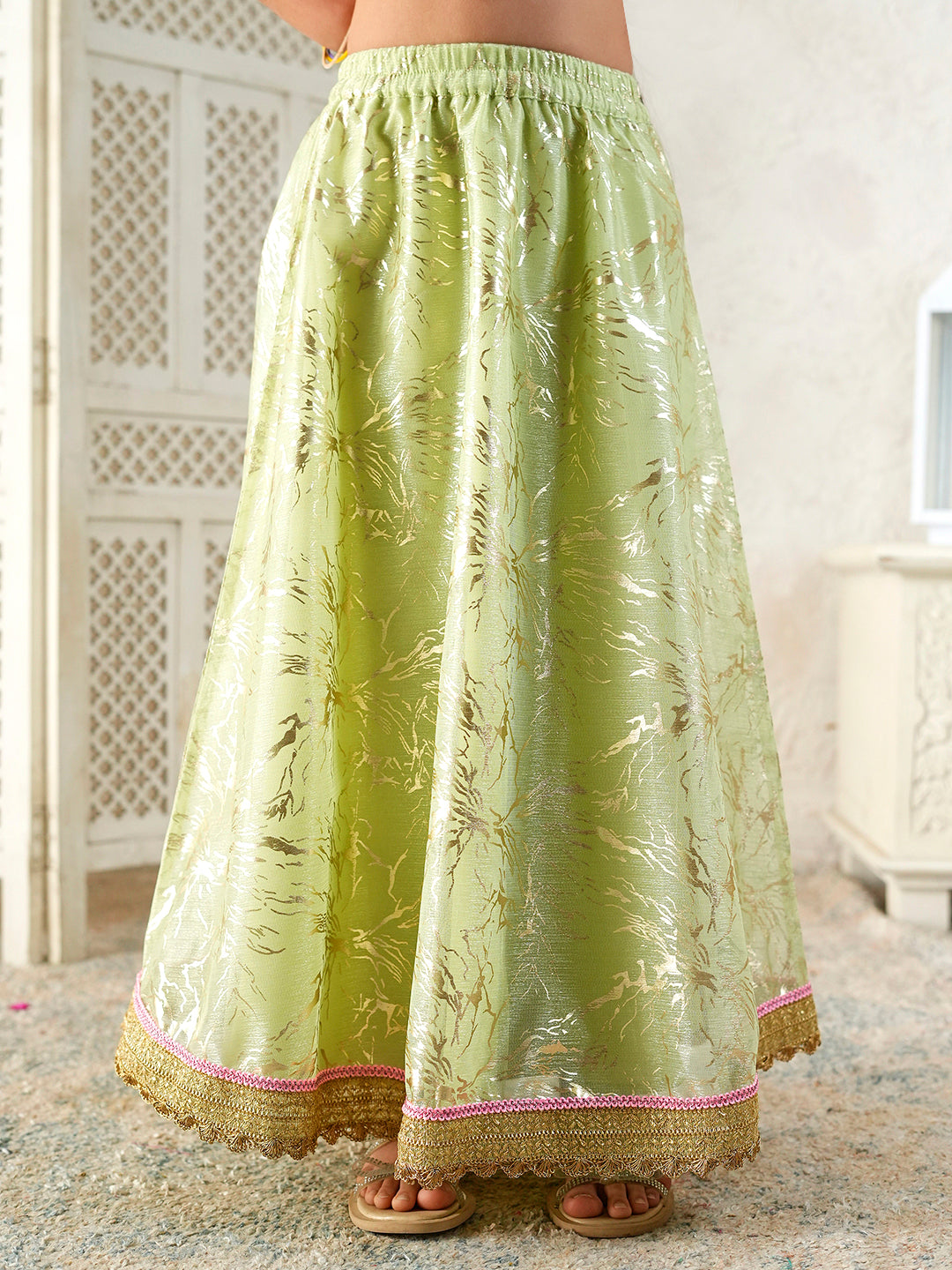 Pspeaches Girls Pink & Pista Green Ethnic Foil Print Kota Doria Circular Lehenga & Choli With Dupatta ( Sku-L-Greenshimmer )