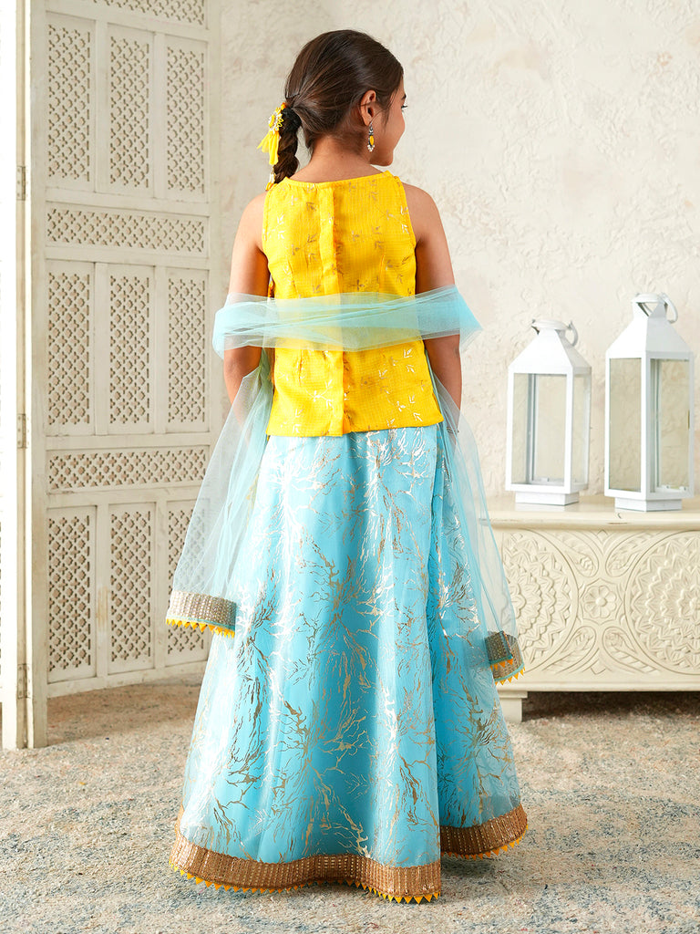 Pspeaches Girls Yellow & Sky Blue Ethnic Foil Print Kota Doria Circular Lehenga & Choli With Dupatta ( Sku-L-Blueshimmer )