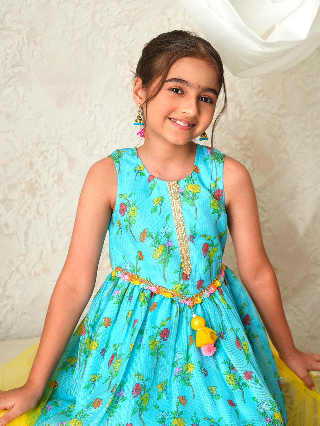 Pspeaches Girls Turquoise & Yellow Ethnic Floral Print Kota-Doria A-Line Kurta & Sharara With Dupatta ( Sku-Sha-Turqkota )