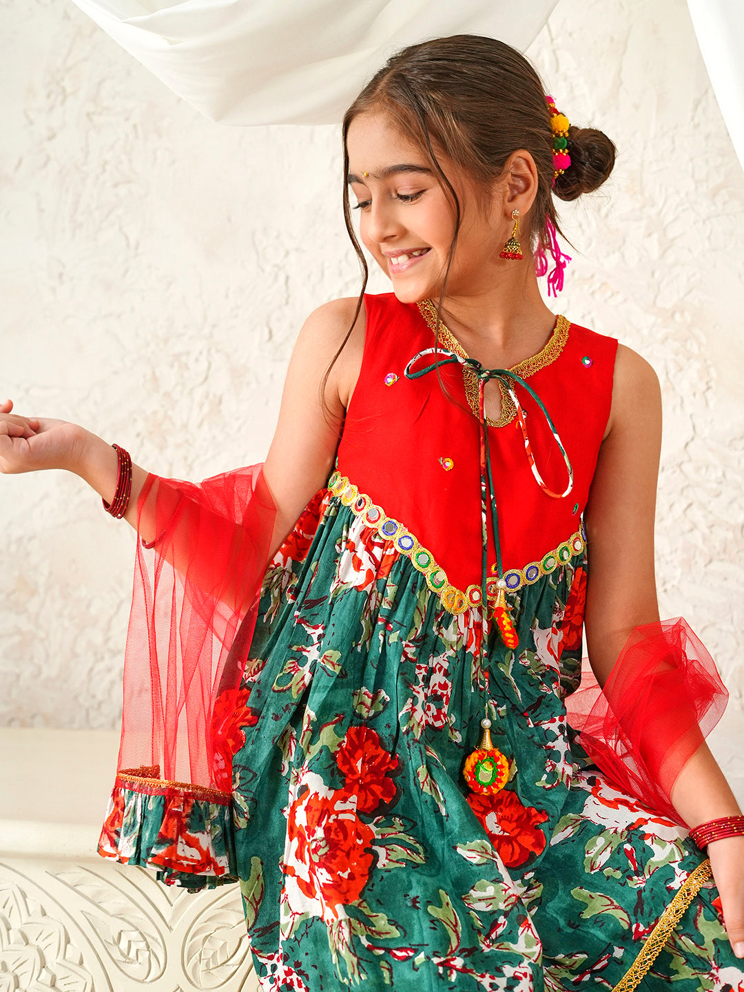Pspeaches Girls Red & Green Ethnic Floral Print Cotton A-Line Kurta & Sharara With Dupatta ( Sku-Sha-Redgreenmirror )