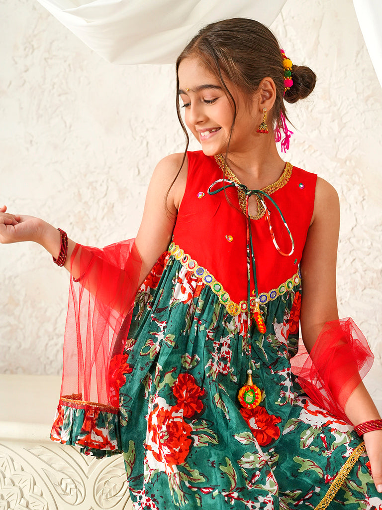 Pspeaches Girls Red & Green Ethnic Floral Print Cotton A-Line Kurta & Sharara With Dupatta ( Sku-Sha-Redgreenmirror )