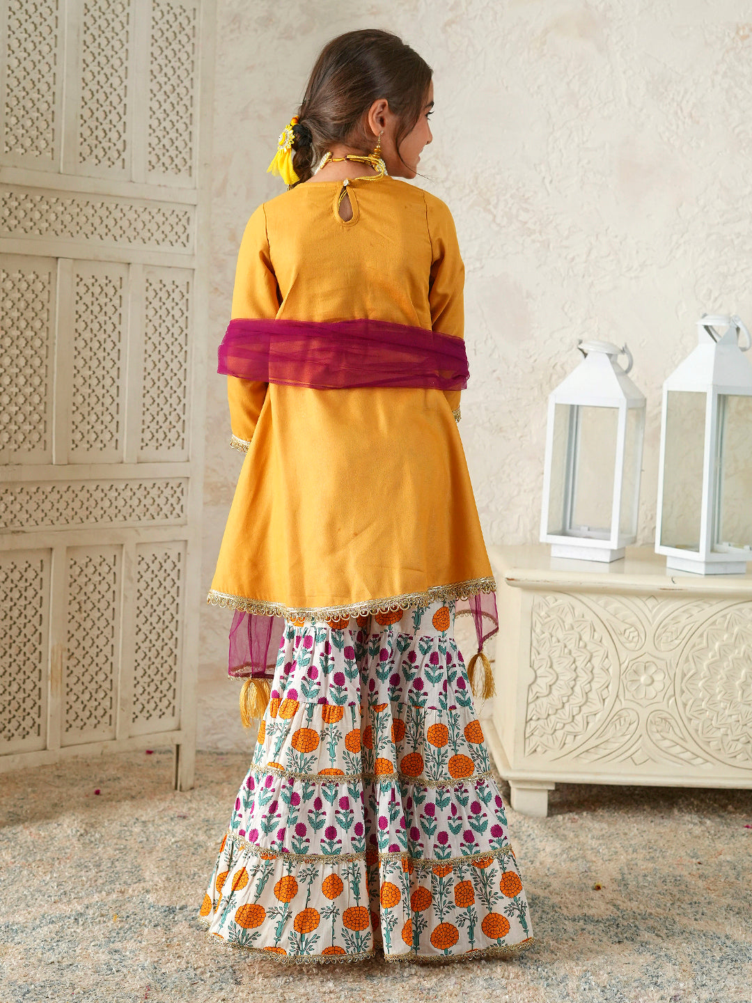 Pspeaches Girls Mustard Ethnic Floral Print Rayon A- Line Kurta & Sharara With Dupatta ( Sku-Sha-Mustardrayon )