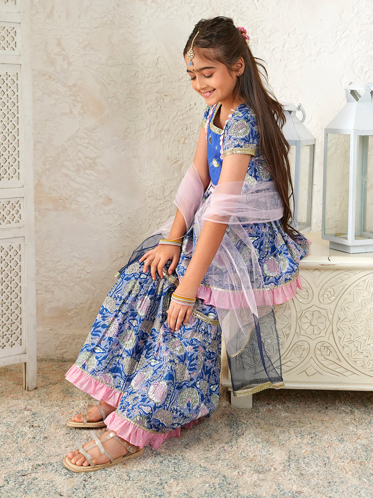 Pspeaches Girls Blue Ethnic Floral Print Cotton A-Line Kurta & Sharara With Dupatta ( Sku-Sha-Bluelurex )