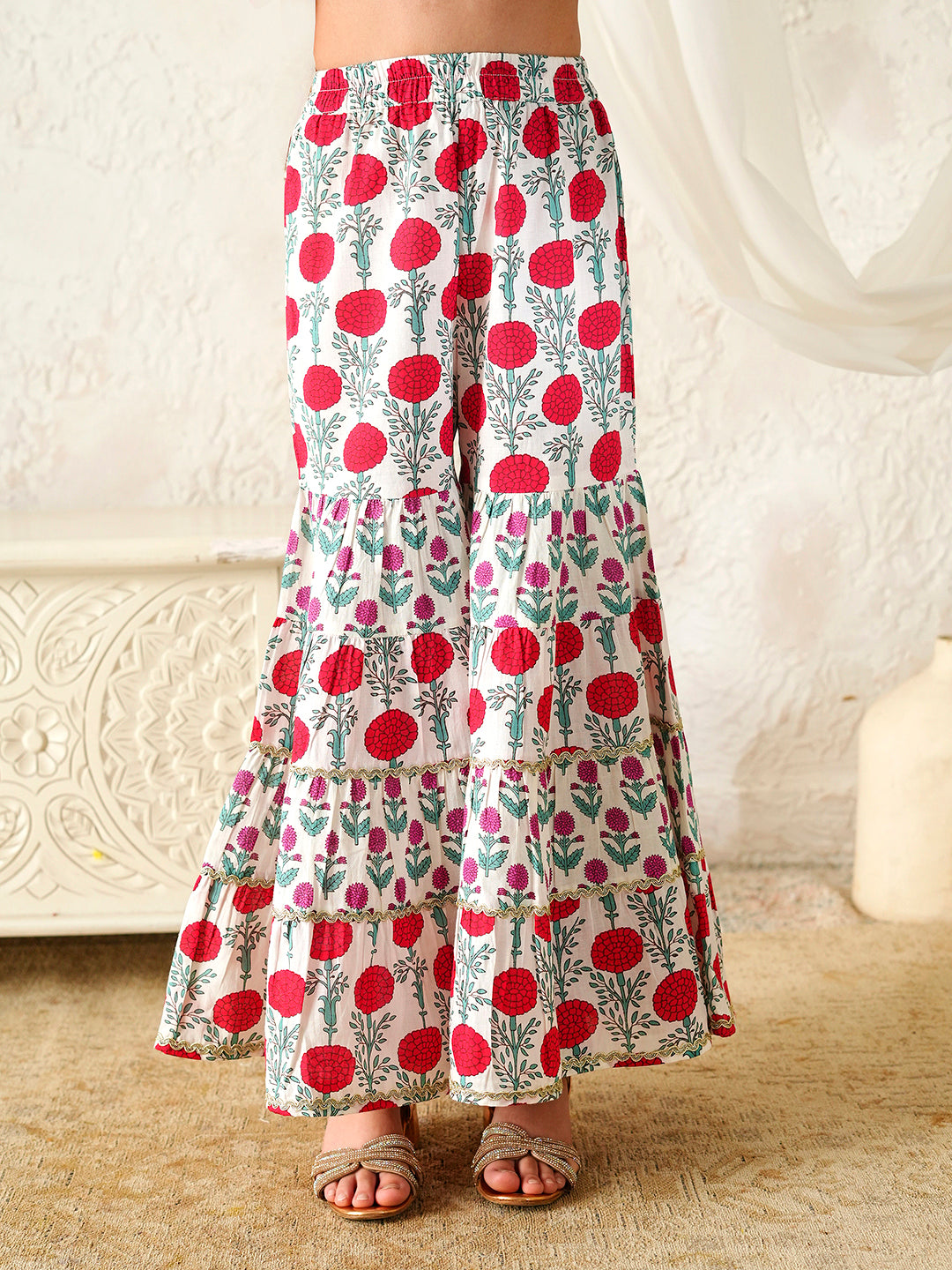 Pspeaches Girls Red Ethnic Floral Print Rayon A-Line Kurta & Sharara With Dupatta ( Sku-Sha-Redrayon )