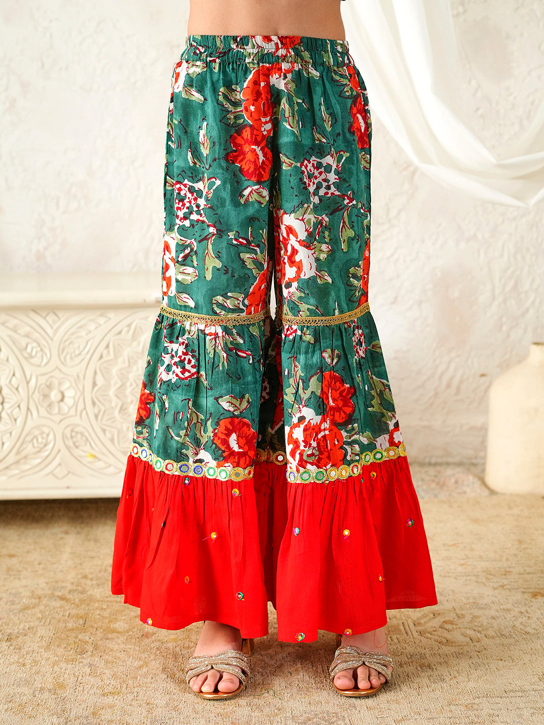 Pspeaches Girls Red & Green Ethnic Floral Print Cotton A-Line Kurta & Sharara With Dupatta ( Sku-Sha-Redgreenmirror )