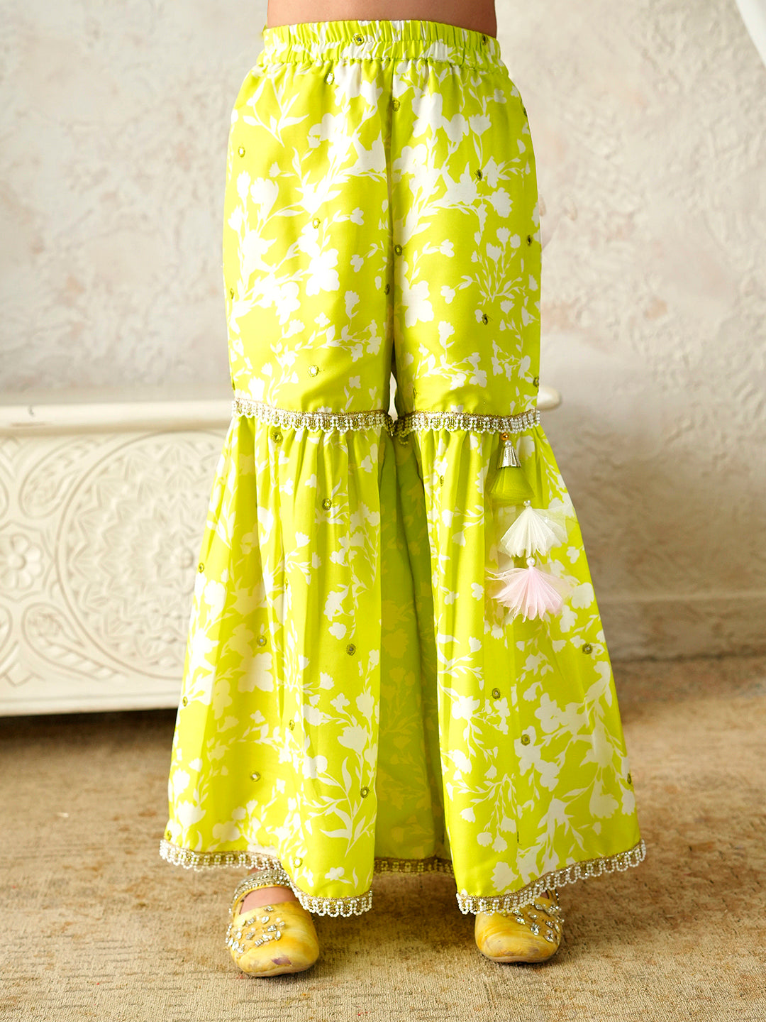 Pspeaches Girls Lime-Green Ethnic Floral Print Rayon A-Line Kurta & Sharara With Dupatta ( Sku-Sha-Limemuslin )