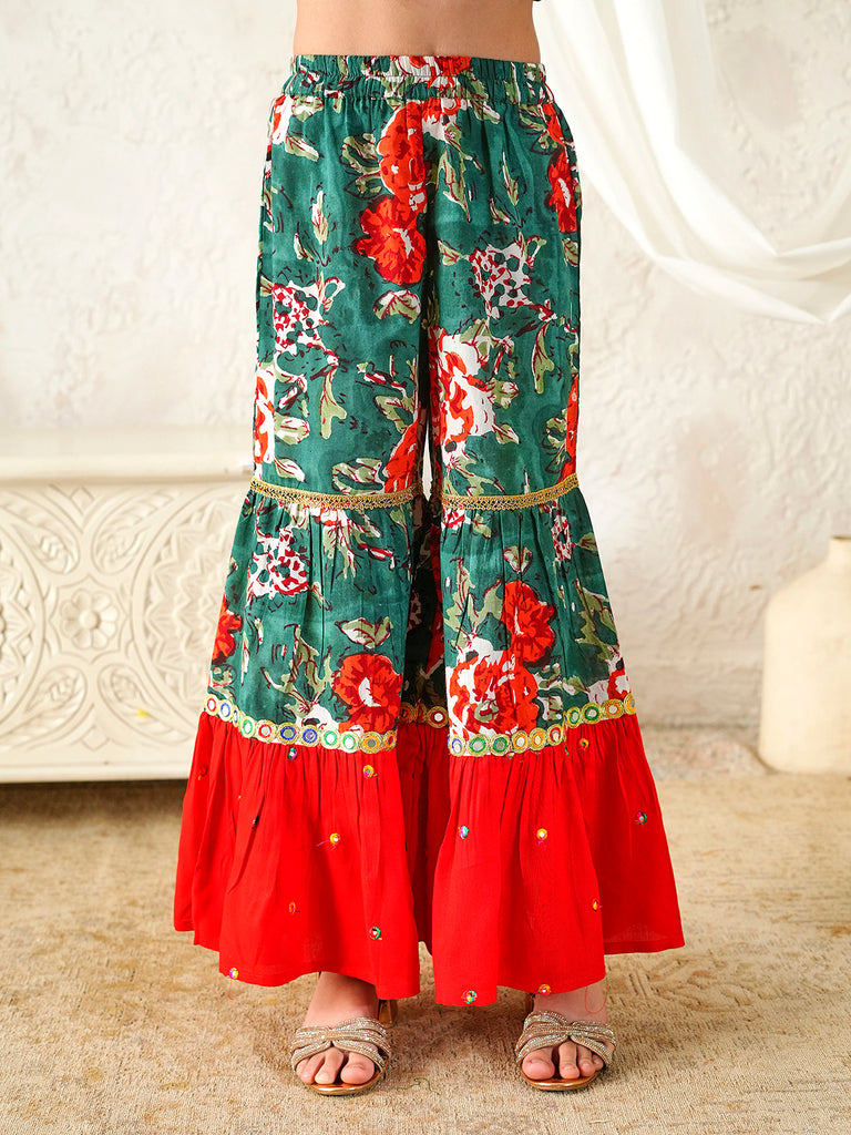 Pspeaches Girls Red & Green Ethnic Floral Print Cotton A-Line Kurta & Sharara With Dupatta ( Sku-Sha-Redgreenmirror )