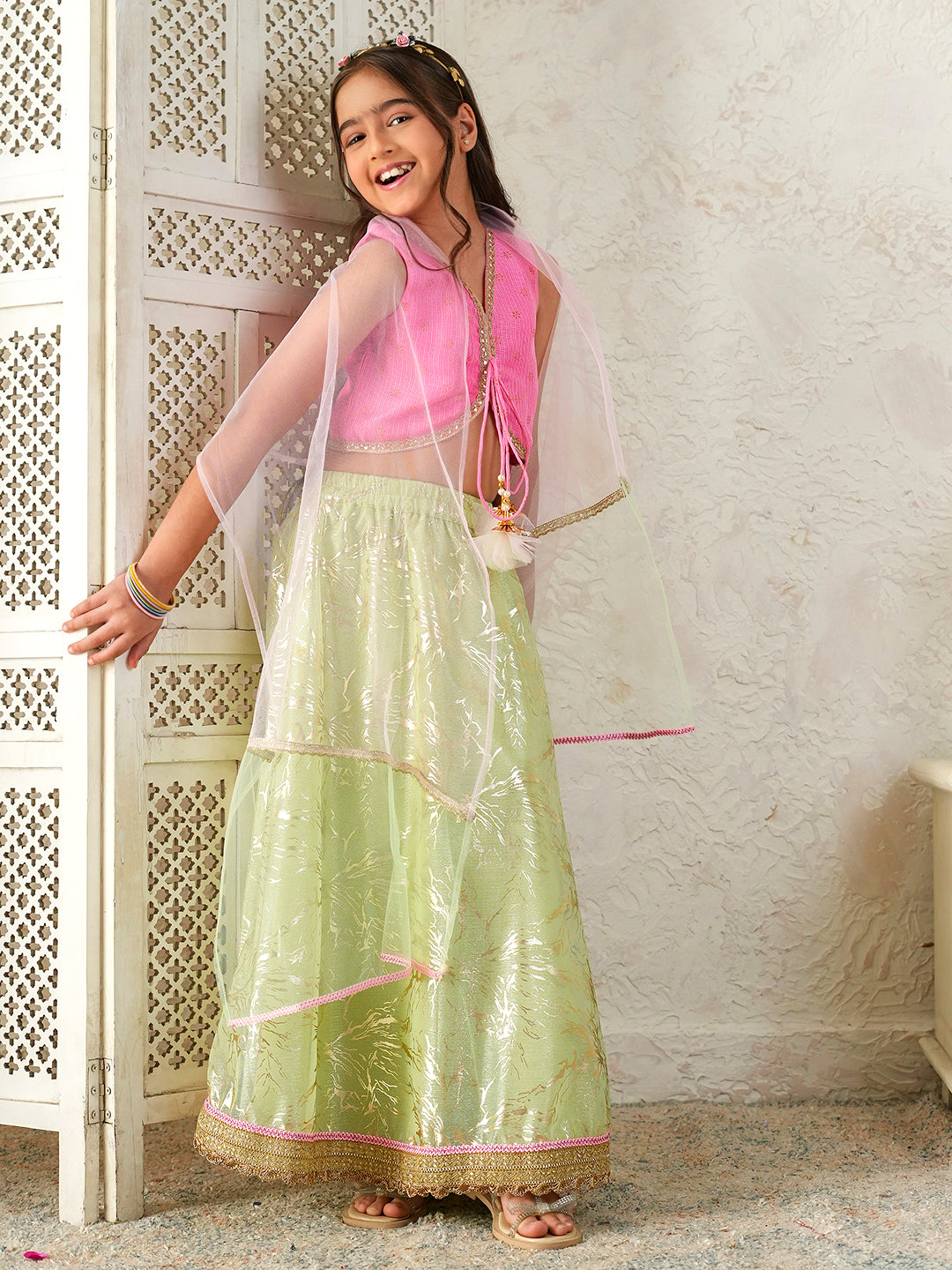 Pspeaches Girls Pink & Pista Green Ethnic Foil Print Kota Doria Circular Lehenga & Choli With Dupatta ( Sku-L-Greenshimmer )