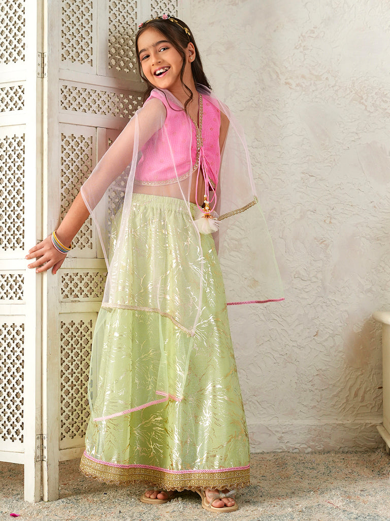 Pspeaches Girls Pink & Pista Green Ethnic Foil Print Kota Doria Circular Lehenga & Choli With Dupatta ( Sku-L-Greenshimmer )