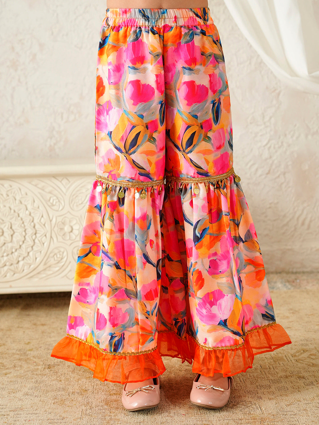 Pspeaches Girls Multi Ethnic Floral Print Rayon A-Line Kurta & Sharara With Dupatta ( Sku-Sha-Orangemuslin )