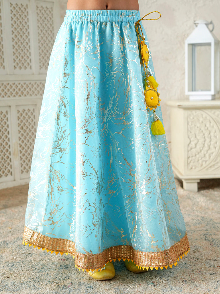 Pspeaches Girls Yellow & Sky Blue Ethnic Foil Print Kota Doria Circular Lehenga & Choli With Dupatta ( Sku-L-Blueshimmer )