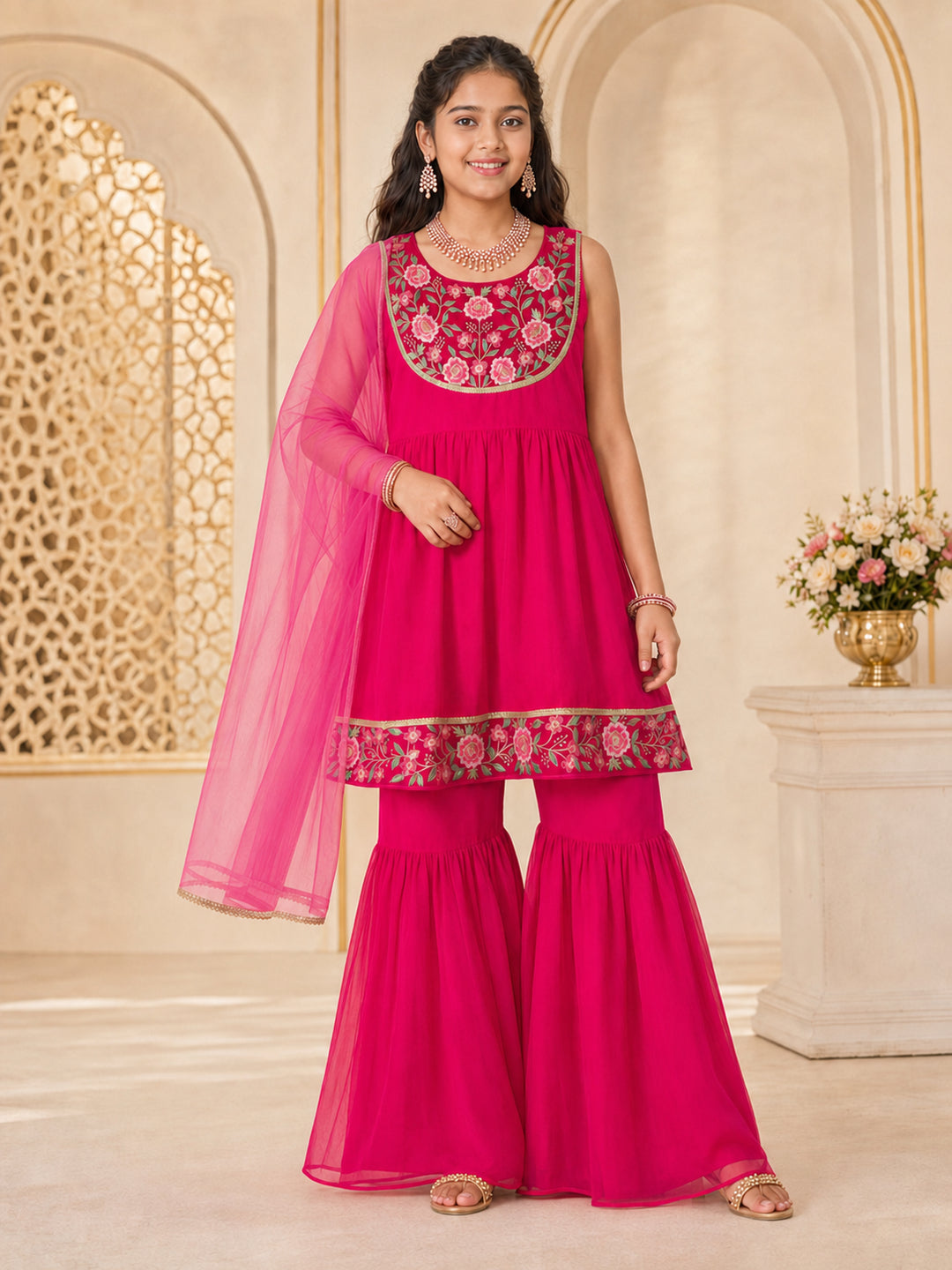 Pspeaches Girls Georgette Sleeveless Round Neck Embroidered Magenta Kurti & Sharara With Dupatta 3 Piece Set
