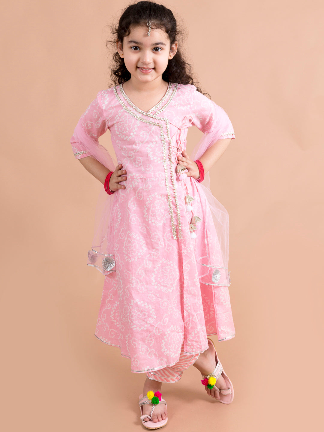 Pspeaches Girls Pink Printed Angrakha Pure Cotton Kurta Set (KS-Angrakhapink)