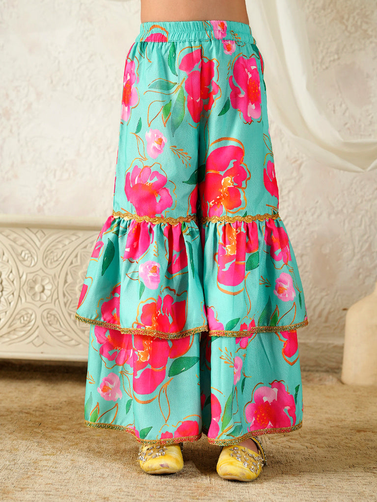 Pspeaches Girls Sea-Green Ethnic Floral Print Rayon A-Line Kurta & Sharara With Dupatta ( Sku-Sha-Tlgreenkota )