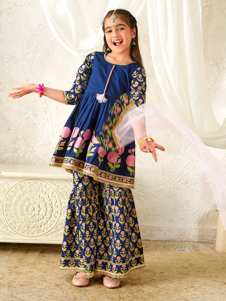 Pspeaches Girls Blue Ethnic Floral Print Cotton A-Line Kurta & Sharara With Dupatta ( Sku-Sha-Navyblcambric )