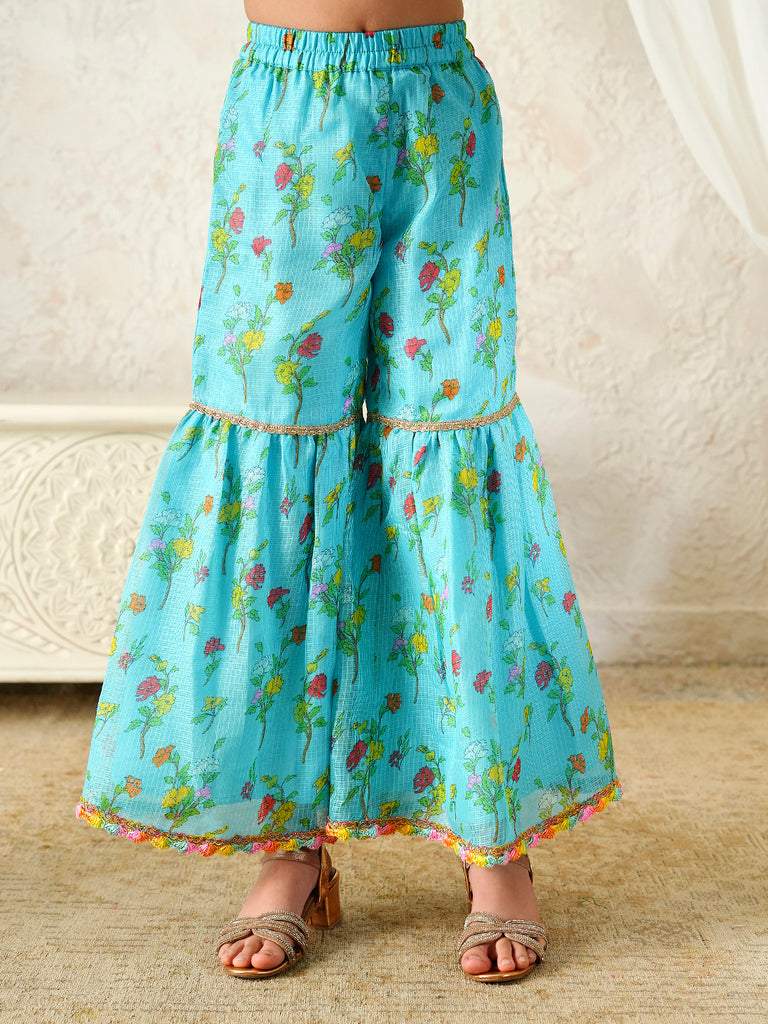 Pspeaches Girls Turquoise & Yellow Ethnic Floral Print Kota-Doria A-Line Kurta & Sharara With Dupatta ( Sku-Sha-Turqkota )
