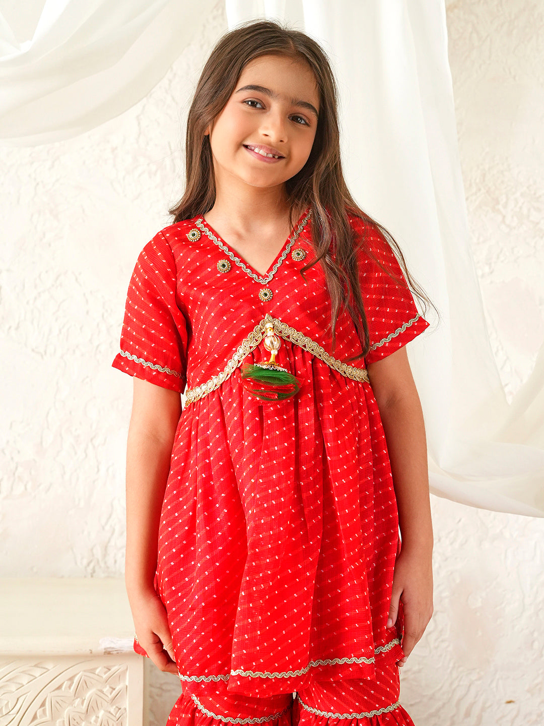 Pspeaches Girls Red Ethnic Leheriya Print Kota-Doria A-Line Kurta & Sharara With Dupatta ( Sku-Sha-Redleheriya )